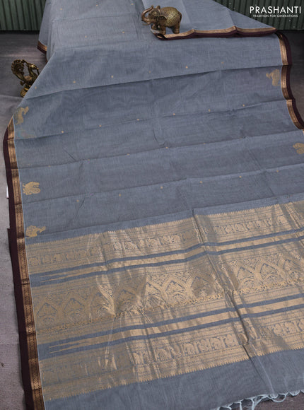 Kanchi cotton saree grey and coffee brown with zari woven buttas and zari woven border