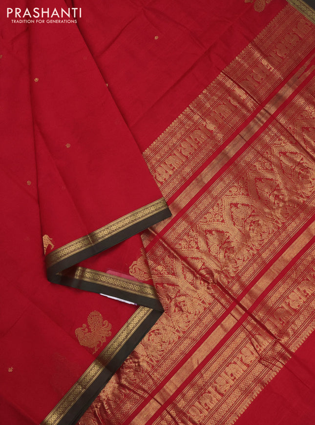 Kanchi cotton saree red and green with zari woven buttas and zari woven border