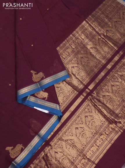 Kanchi cotton saree wine shade and cs blue with zari woven buttas and zari woven border