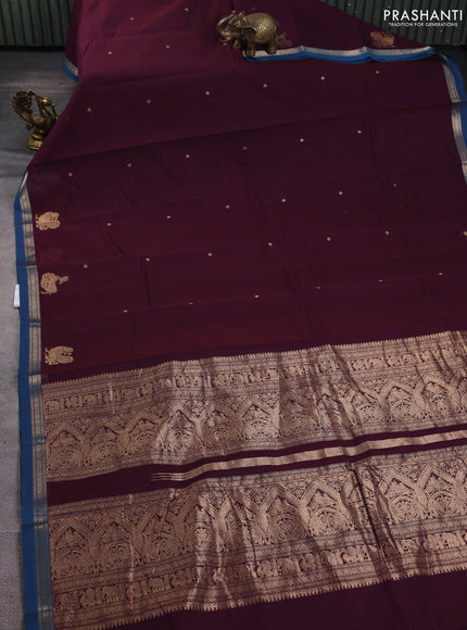 Kanchi cotton saree wine shade and cs blue with zari woven buttas and zari woven border