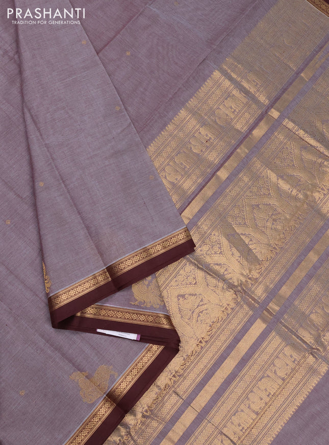 Kanchi cotton saree dual shade of grey and coffee brown with zari woven buttas and zari woven border