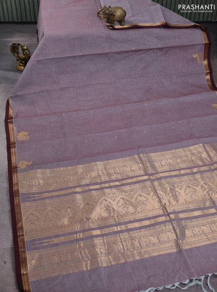 Kanchi cotton saree dual shade of grey and coffee brown with zari woven buttas and zari woven border