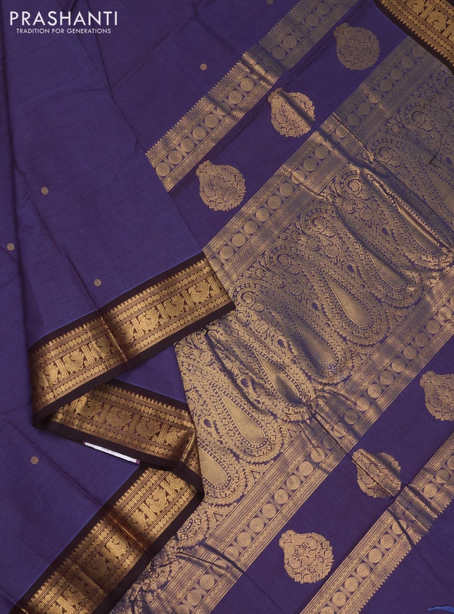 Kanchi cotton saree bluish jamun and coffee brown with zari woven buttas and zari woven border