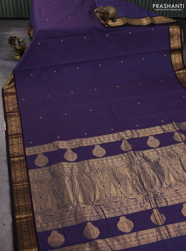 Kanchi cotton saree bluish jamun and coffee brown with zari woven buttas and zari woven border