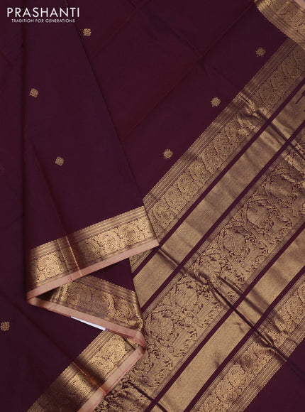 Kanchi cotton saree wine shade and sandal with zari woven buttas and zari woven border
