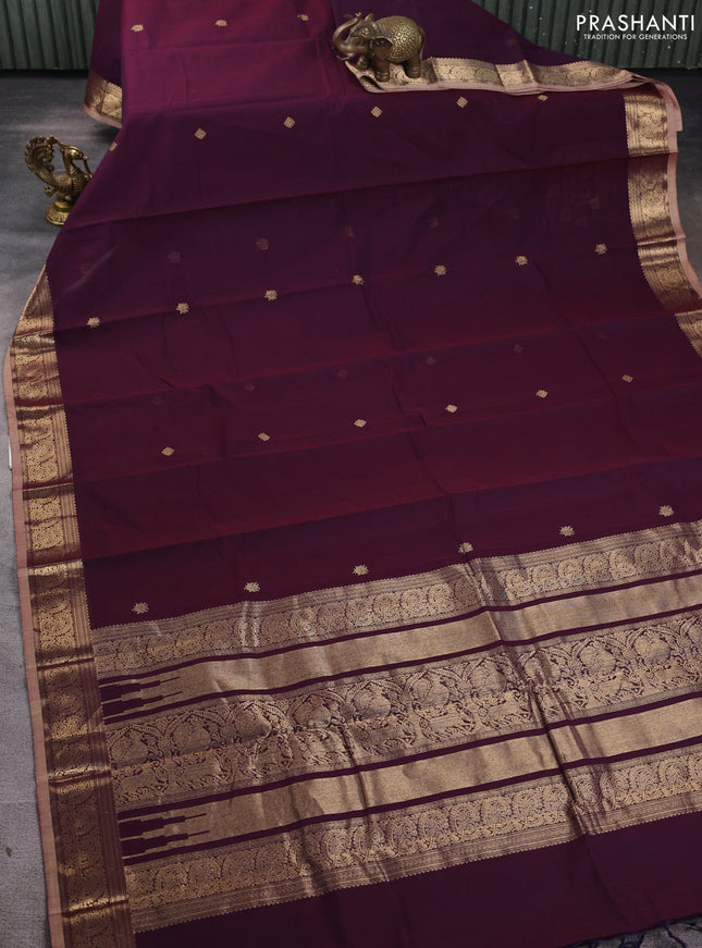 Kanchi cotton saree wine shade and sandal with zari woven buttas and zari woven border
