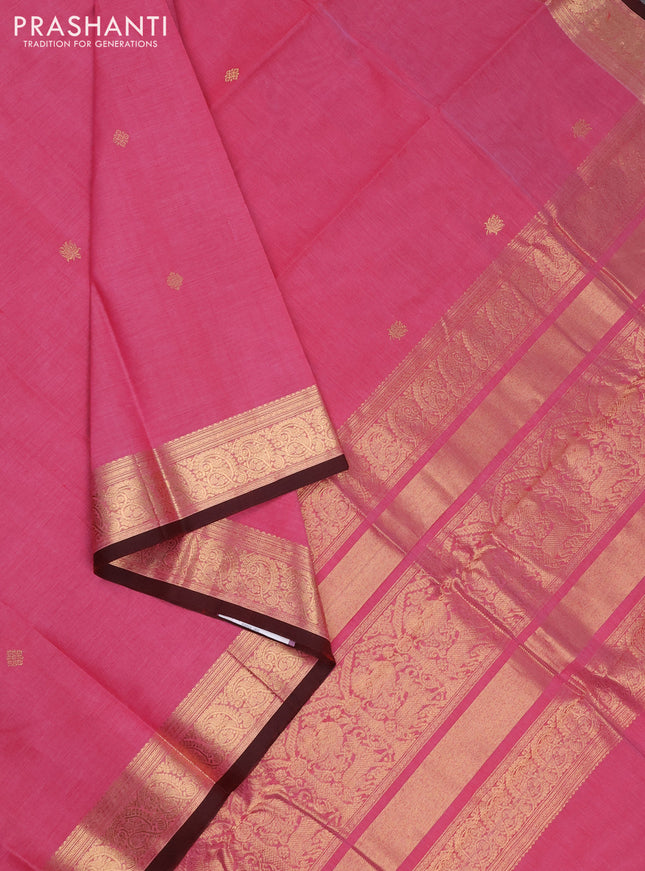 Kanchi cotton saree pink and maroon with zari woven buttas and zari woven border
