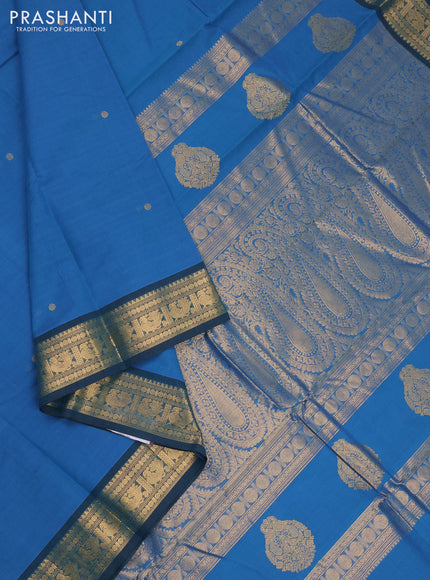 Kanchi cotton saree blue shade and teal green with zari woven buttas and zari woven border