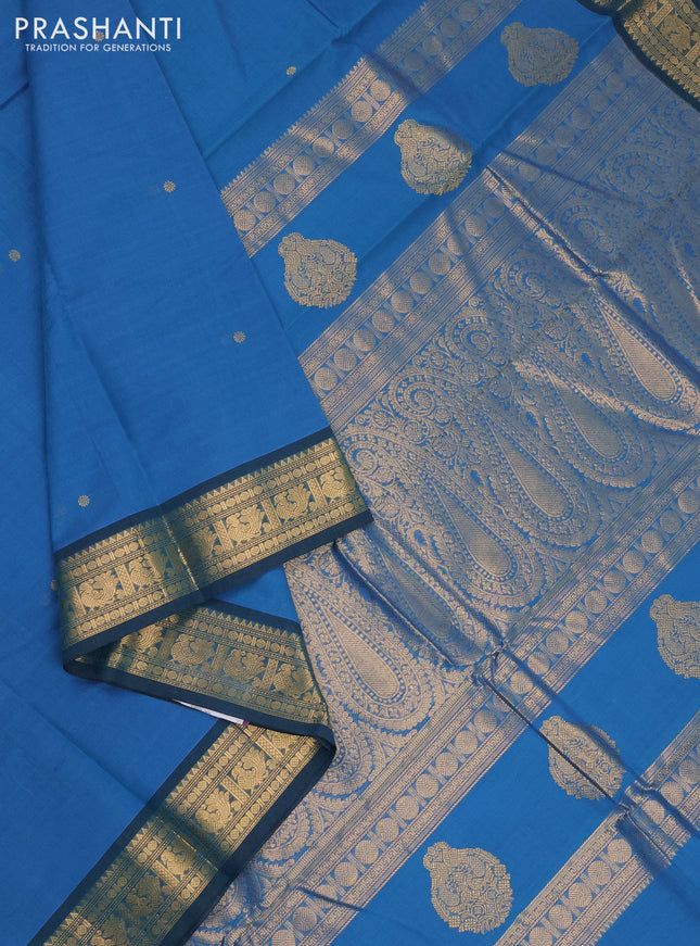 Kanchi cotton saree blue shade and teal green with zari woven buttas and zari woven border