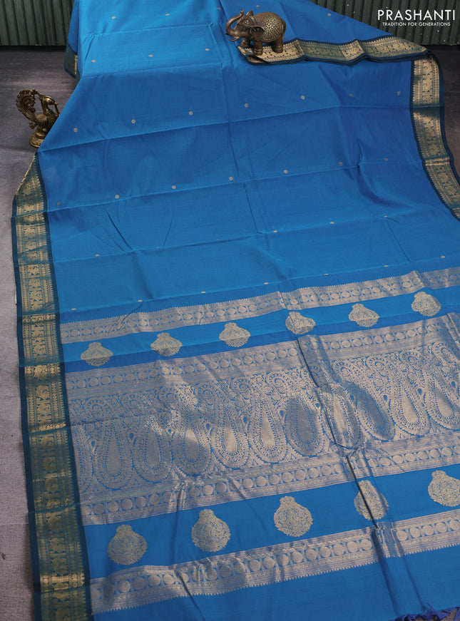 Kanchi cotton saree blue shade and teal green with zari woven buttas and zari woven border