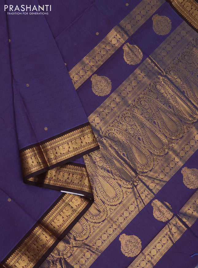 Kanchi cotton saree dual shade of purple and black with zari woven buttas and zari woven border