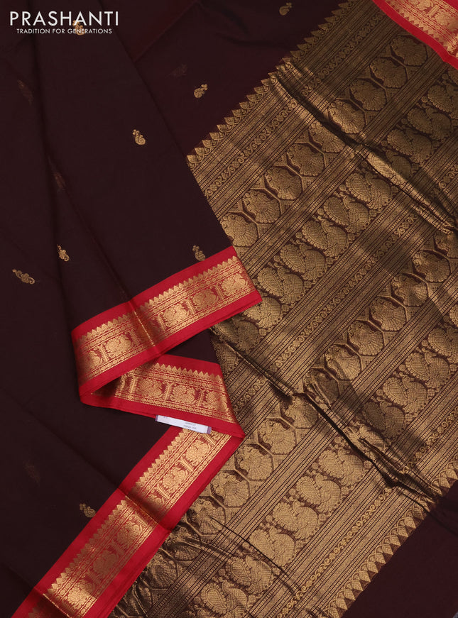 Kanchi cotton saree coffee brown and maroon with zari woven buttas and zari woven border