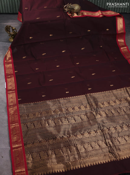 Kanchi cotton saree coffee brown and maroon with zari woven buttas and zari woven border