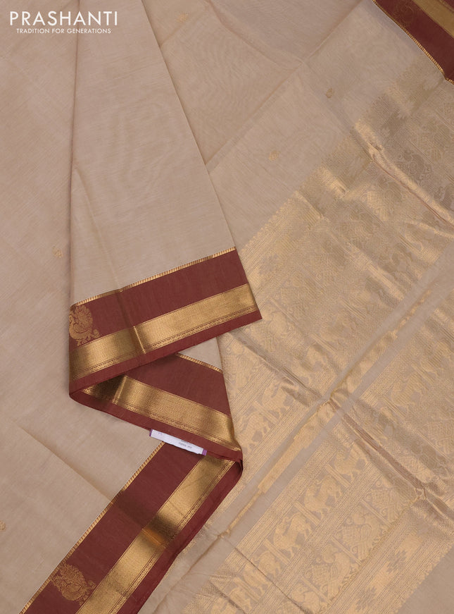 Kanchi cotton saree beige and maroon with annam zari woven buttas and temple design zari woven border