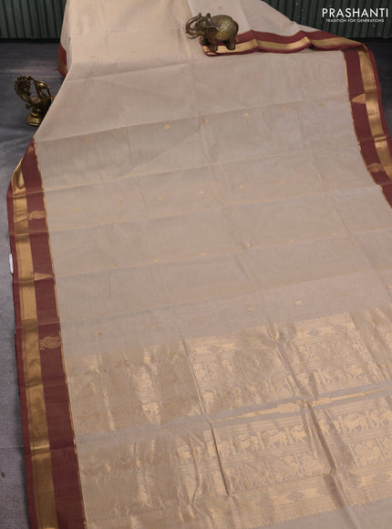 Kanchi cotton saree beige and maroon with annam zari woven buttas and temple design zari woven border