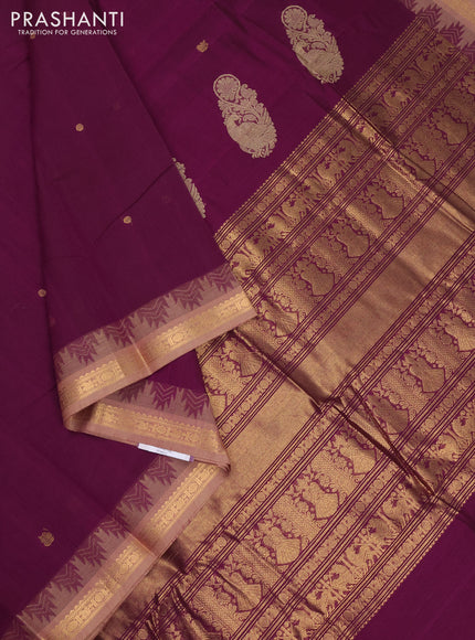 Kanchi cotton saree purple and beige with zari woven buttas and temple design zari woven border
