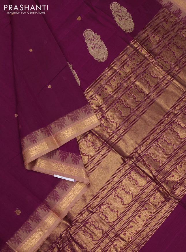 Kanchi cotton saree purple and beige with zari woven buttas and temple design zari woven border