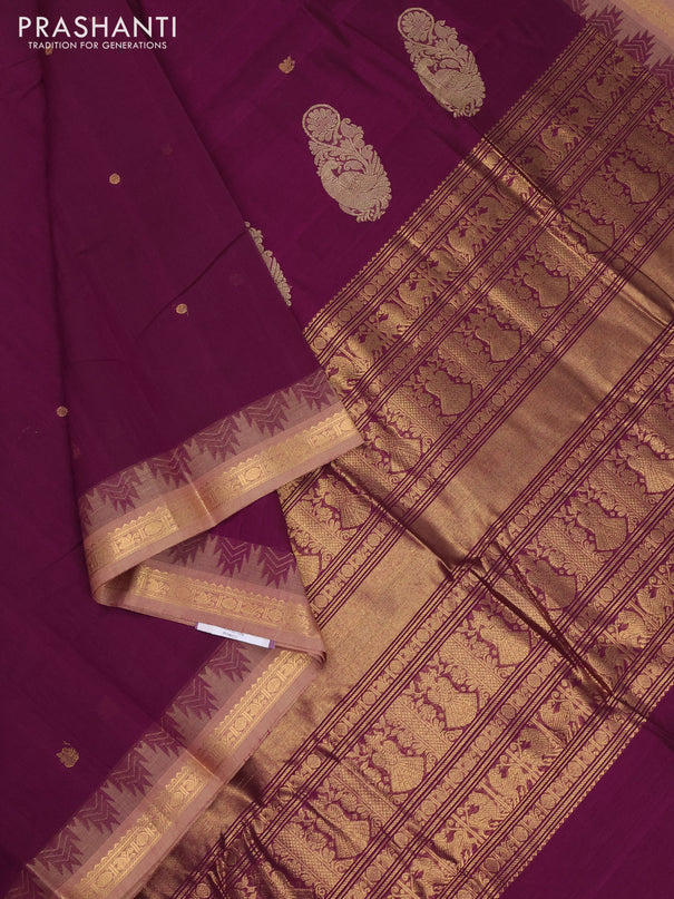 Kanchi cotton saree purple and beige with zari woven buttas and temple design zari woven border
