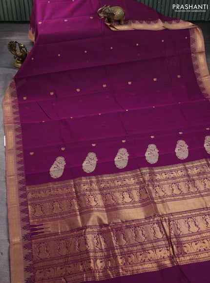 Kanchi cotton saree purple and beige with zari woven buttas and temple design zari woven border