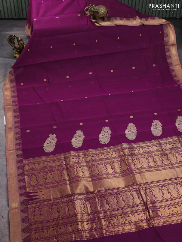 Kanchi cotton saree purple and beige with zari woven buttas and temple design zari woven border