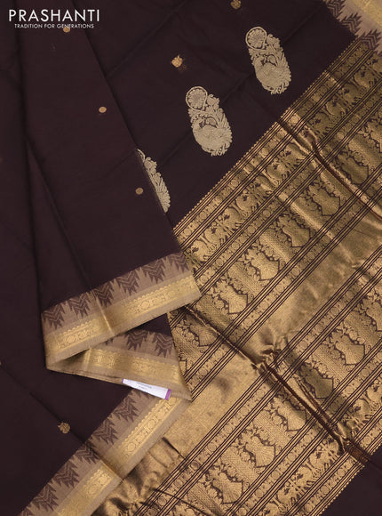 Kanchi cotton saree coffee brown and beige with zari woven buttas and temple design zari woven border