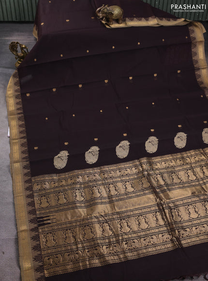 Kanchi cotton saree coffee brown and beige with zari woven buttas and temple design zari woven border