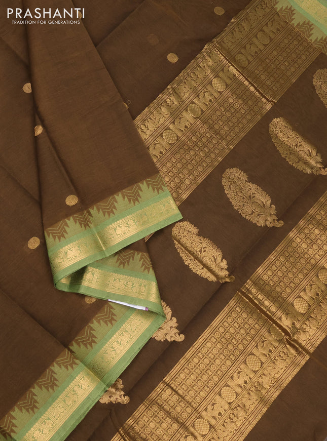 Kanchi cotton saree mehendi green and pastel green with zari woven buttas and temple design zari woven border