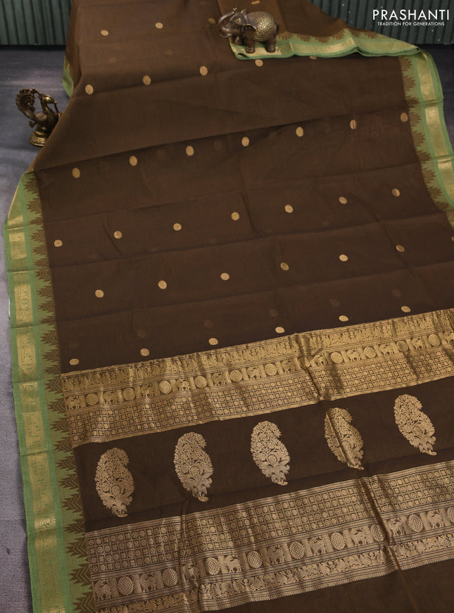 Kanchi cotton saree mehendi green and pastel green with zari woven buttas and temple design zari woven border