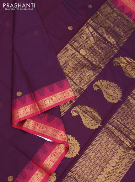 Kanchi cotton saree deep jamun shade and pink with zari woven buttas and temple design zari woven border