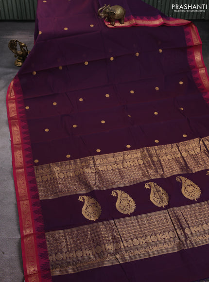 Kanchi cotton saree deep jamun shade and pink with zari woven buttas and temple design zari woven border