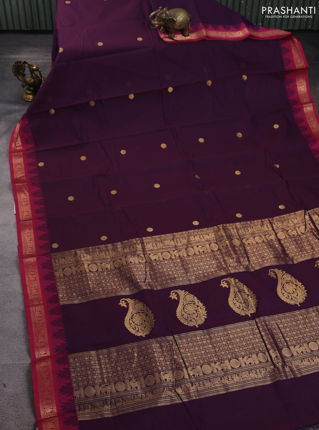Kanchi cotton saree deep jamun shade and pink with zari woven buttas and temple design zari woven border