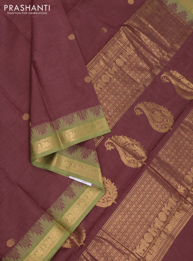 Kanchi cotton saree pastel maroon and pastel green with zari woven buttas and temple design zari woven border