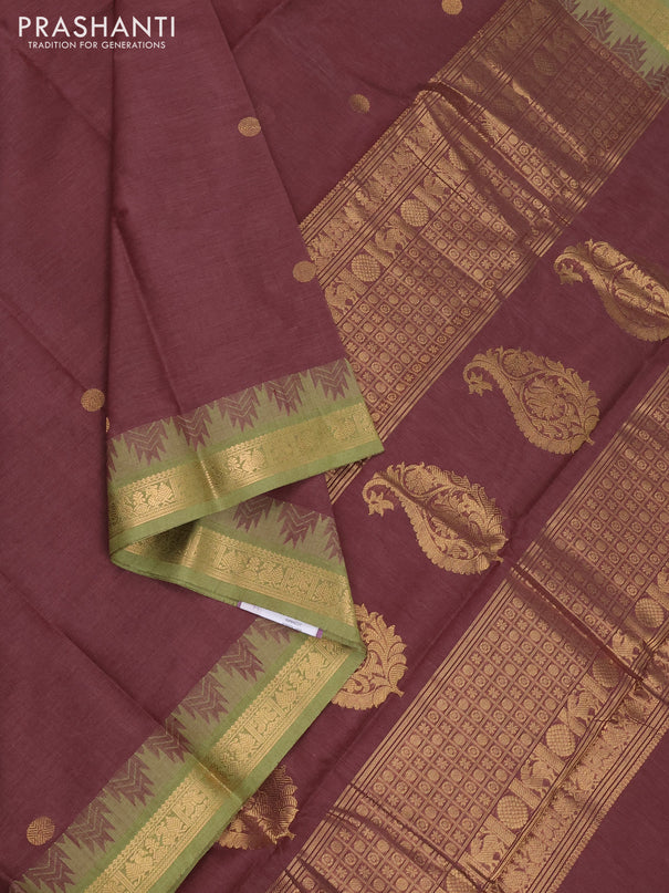 Kanchi cotton saree pastel maroon and pastel green with zari woven buttas and temple design zari woven border