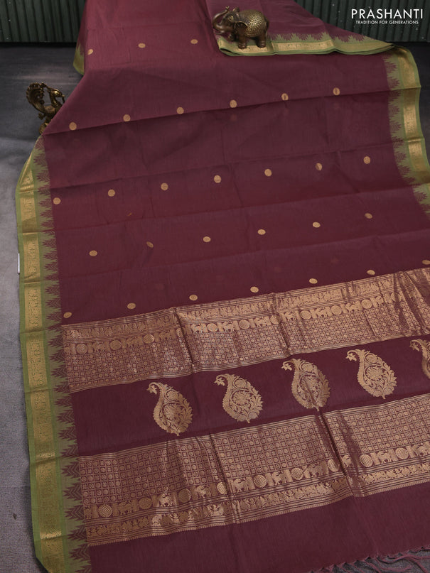 Kanchi cotton saree pastel maroon and pastel green with zari woven buttas and temple design zari woven border