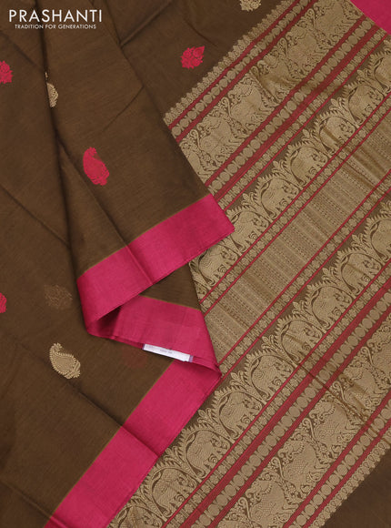 Kanchi cotton saree dark olive green and magenta pink with thread woven paisley buttas and simple border