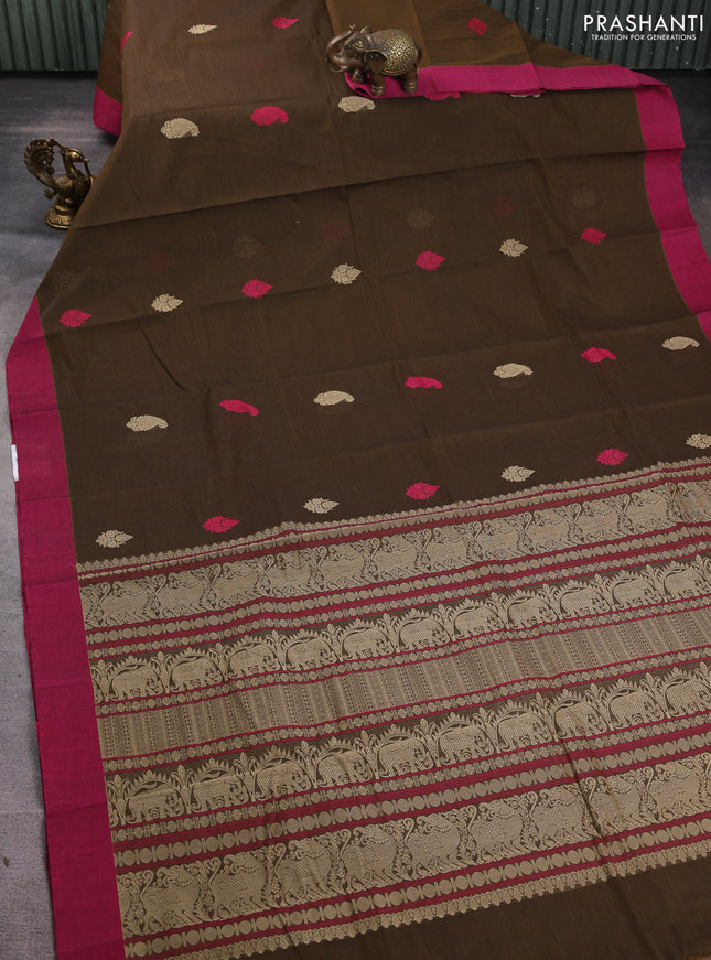 Kanchi cotton saree dark olive green and magenta pink with thread woven paisley buttas and simple border