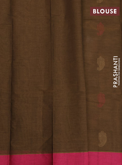Kanchi cotton saree dark olive green and magenta pink with thread woven paisley buttas and simple border