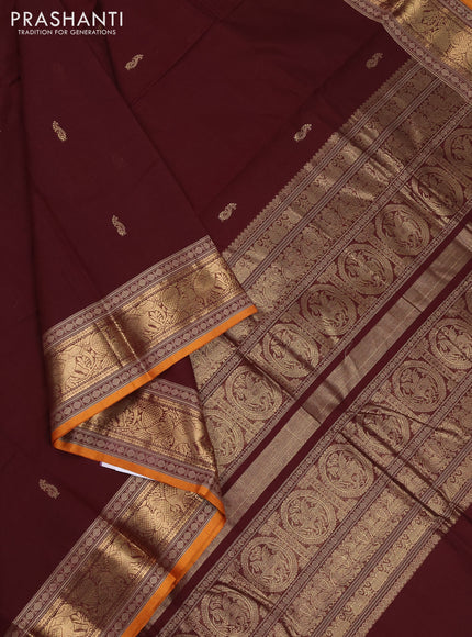 Kanchi cotton saree deep maroon and dark mustard with zari woven buttas and zari woven border