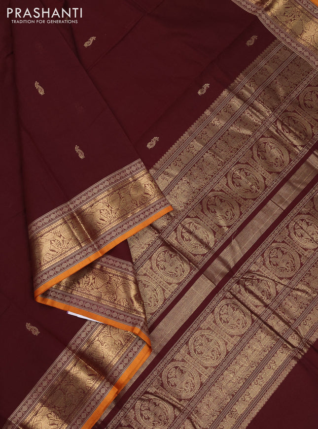 Kanchi cotton saree deep maroon and dark mustard with zari woven buttas and zari woven border