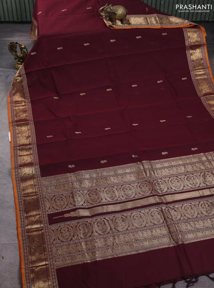 Kanchi cotton saree deep maroon and dark mustard with zari woven buttas and zari woven border