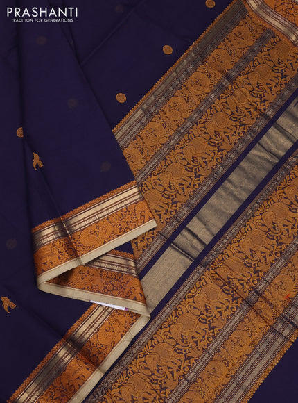 Kanchi cotton saree navy blue and beige with thread woven buttas and thread & zari woven border