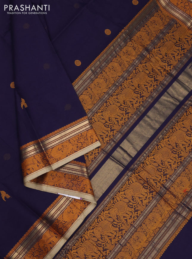 Kanchi cotton saree navy blue and beige with thread woven buttas and thread & zari woven border