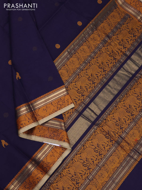 Kanchi cotton saree navy blue and beige with thread woven buttas and thread & zari woven border