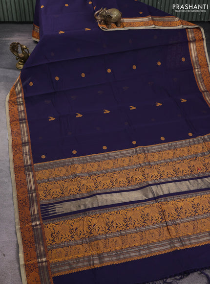 Kanchi cotton saree navy blue and beige with thread woven buttas and thread & zari woven border