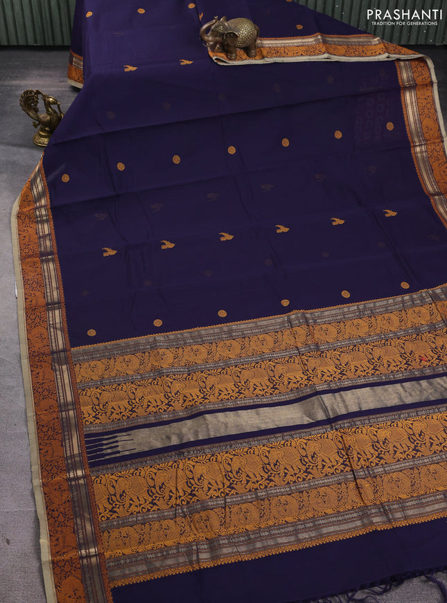 Kanchi cotton saree navy blue and beige with thread woven buttas and thread & zari woven border