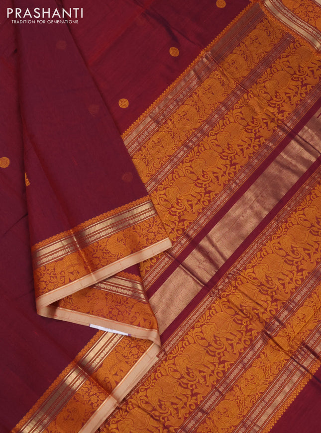 Kanchi cotton saree dual shade of maroon and sandal with thread woven buttas and thread & zari woven border