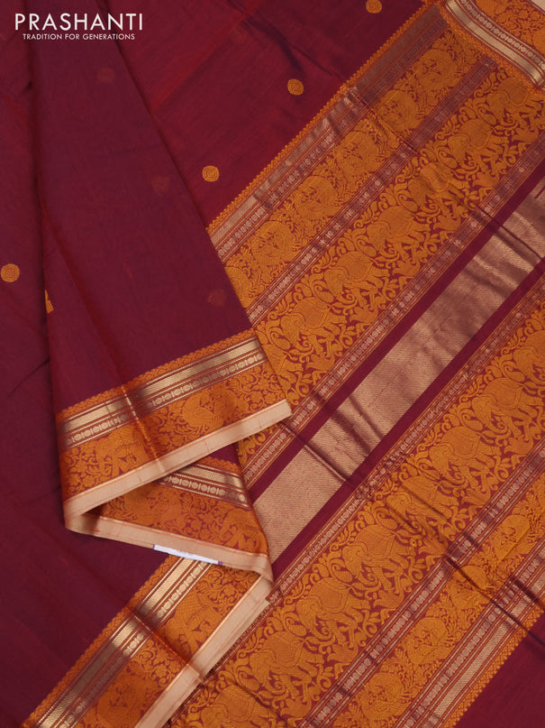 Kanchi cotton saree dual shade of maroon and sandal with thread woven buttas and thread & zari woven border