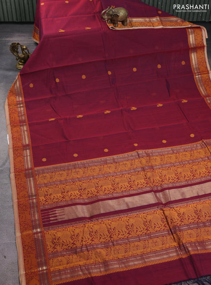 Kanchi cotton saree dual shade of maroon and sandal with thread woven buttas and thread & zari woven border