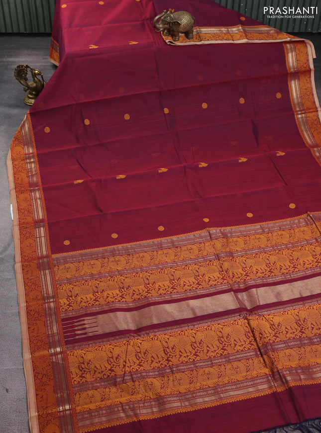 Kanchi cotton saree dual shade of maroon and sandal with thread woven buttas and thread & zari woven border