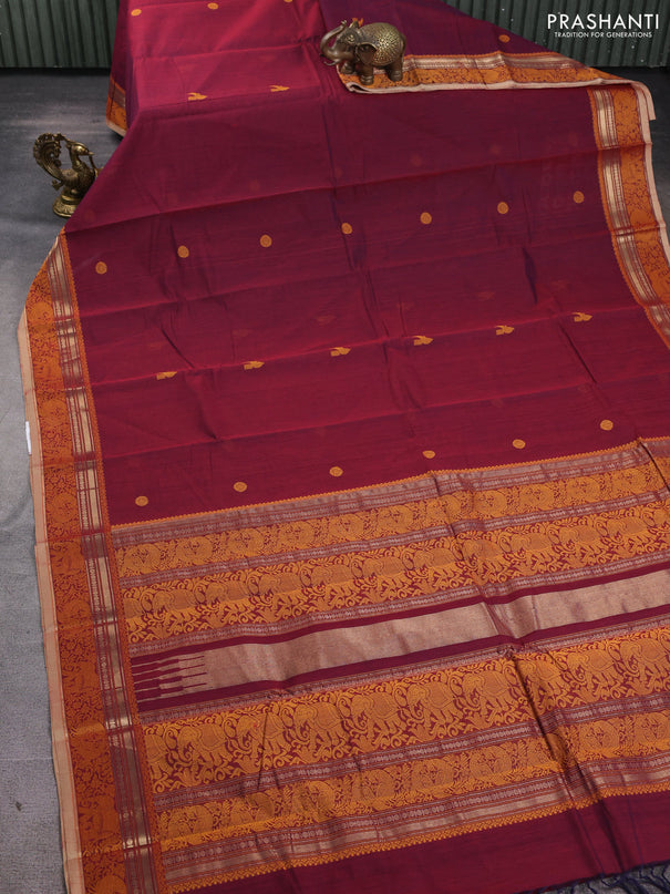 Kanchi cotton saree dual shade of maroon and sandal with thread woven buttas and thread & zari woven border